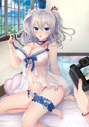 Rule 34 | 1girl, 7comachi7, anchor, bed, bedroom, blue eyes, blue panties, blue sky, blush, breasts, bridal garter, camera, cloud, cloudy sky, day, hair between eyes, highres, indoors, kantai collection, kashima (kancolle), large breasts, long hair, looking at viewer, open mouth, panties, pillow, sky, sleepwear, solo, solo focus, twintails, underwear, window