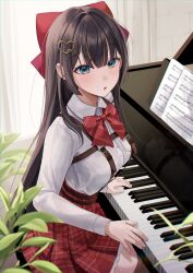 Rule 34 | 1girl, :o, absurdres, blue eyes, blush, bow, bowtie, brick wall, brown hair, buttons, chest harness, collared shirt, cowboy shot, curtains, grand piano, hair between eyes, hair bow, harness, high-waist skirt, highres, indoors, instrument, long sleeves, looking at viewer, music, myowa, o-ring, o-ring harness, open mouth, original, piano, plaid, plaid skirt, plant, playing instrument, pleated skirt, raised eyebrows, red bow, red bowtie, red skirt, sheet music, shirt, shirt tucked in, sidelocks, sitting, skirt, solo, straight hair, striped bow, striped bowtie, striped clothes, virtual youtuber, white shirt