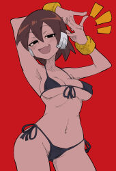Rule 34 | 1girl, absurdres, aile (mega man zx), arms up, bikini, black eyes, breasts, brown hair, buzzlyears, covered erect nipples, groin, half-closed eyes, highres, looking at viewer, medium breasts, mega man zx, micro bikini, red background, short hair, smile, smug, swimsuit