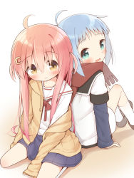 Rule 34 | 1boy, 1girl, ahoge, arm support, ayanepuna, back-to-back, between legs, blue eyes, blue skirt, blush, brown eyes, brown jacket, brown scarf, closed mouth, commentary request, drawstring, fringe trim, green eyes, grey footwear, hair between eyes, hair ornament, hairclip, hand between legs, highres, hood, hood down, hooded jacket, ii (ayanepuna), jacket, knees up, kuu (ayanepuna), layered sleeves, loafers, long sleeves, looking at viewer, looking back, off shoulder, open clothes, open jacket, open mouth, original, pink hair, pleated skirt, sailor collar, scarf, school uniform, serafuku, shirt, shoes, short over long sleeves, short sleeves, sitting, skirt, sleeves past fingers, sleeves past wrists, smile, socks, sweat, two side up, wariza, white background, white legwear, white sailor collar, white shirt