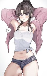 Rule 34 | 1boy, ?, armpits, arms behind head, arms up, bare shoulders, black bra, blush, bra, bra strap, bra visible through clothes, brown hair, cardigan, closed mouth, commentary request, cowboy shot, denim, denim shorts, frown, grey shorts, highres, imamiya pinoko, looking at viewer, male focus, medium hair, micro shorts, midriff, navel, open cardigan, open clothes, original, parted bangs, pink cardigan, ponytail, purple eyes, shirt, shorts, simple background, solo, spoken question mark, stomach, strapless, strapless shirt, sweatdrop, thick eyebrows, thighs, tied shirt, trap, tsurime, underwear, v-shaped eyebrows, white background, white shirt