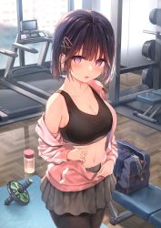 Rule 34 | 1girl, :o, absurdres, bag, bench, black hair, black leggings, black sports bra, blunt bangs, bob cut, bottle, breasts, cleavage, collarbone, commentary request, duffel bag, grey skirt, gym, hair ornament, hairclip, highres, jacket, leggings, looking at viewer, medium breasts, navel, open mouth, original, pink jacket, pleated skirt, purple eyes, reflective floor, second-party source, skirt, solo, sports bra, sune (mugendai), treadmill, water bottle, weight bench, window, wooden floor, x hair ornament, yoga mat