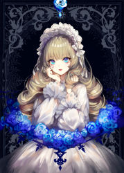 Rule 34 | 1girl, bad id, bad pixiv id, blue eyes, blue flower, blue rose, commentary, dress, english commentary, fingernails, flower, hands up, kinokohime, light brown hair, lipstick, long hair, long sleeves, looking at viewer, makeup, nail polish, original, puffy long sleeves, puffy sleeves, red lips, red nails, rose, smile, solo, very long hair, white dress