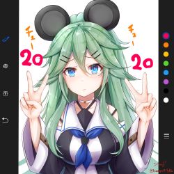 Rule 34 | 1girl, 2020, animal ears, artist name, baileys (tranquillity650), black serafuku, blue eyes, blue neckerchief, breasts, choker, commentary request, criss-cross halter, detached sleeves, double v, green hair, hair between eyes, halterneck, highres, kantai collection, large breasts, long hair, looking at viewer, mouse ears, neckerchief, parted bangs, sailor collar, school uniform, serafuku, shirt, signature, sleeveless, sleeveless shirt, solo, v, wide sleeves, yamakaze (kancolle)