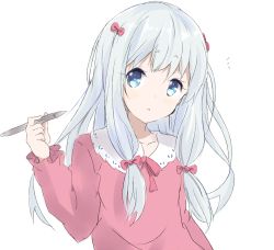Rule 34 | 1girl, blue eyes, bow, collared shirt, commentary request, core (mayomayo), eromanga sensei, hair between eyes, hair bow, hand up, highres, holding, holding stylus, izumi sagiri, long hair, long sleeves, looking at viewer, parted lips, pink bow, pink shirt, shirt, silver hair, simple background, solo, stylus, white background