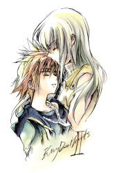 Rule 34 | 2boys, black hood, black jacket, brown hair, chain necklace, closed eyes, copyright name, eguana, english text, high collar, hood, hood down, jacket, jewelry, kingdom hearts, kingdom hearts ii, kiss, kissing forehead, long hair, male focus, multiple boys, necklace, open clothes, open jacket, parted lips, riku (kingdom hearts), short hair, simple background, sleeveless, sora (kingdom hearts), spiked hair, vest, white background, white hair, yaoi