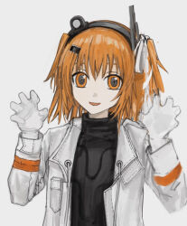 Rule 34 | 1girl, a.i. voice, adachi rei, black shirt, claw pose, commentary request, computer chip, gloves, hair ornament, hair ribbon, hairclip, hands up, headlamp, jacket, looking at viewer, medium hair, one side up, open clothes, open jacket, open mouth, orange eyes, orange hair, radio antenna, ribbon, ringed eyes, shirt, simple background, smile, solo, turtleneck, unfinished, upper body, uso (user ymgf7888), utau, white background, white gloves, white jacket, white ribbon
