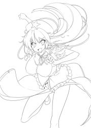 Rule 34 | 1girl, braid, breasts, dress, female focus, frills, greyscale, hat, hong meiling, kiku hitomoji, large breasts, long hair, looking at viewer, monochrome, open mouth, puffy short sleeves, puffy sleeves, short sleeves, simple background, solo, standing, standing on one leg, star (symbol), striped, torn clothes, touhou, twin braids, vertical stripes, white background