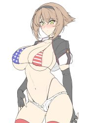 Rule 34 | 1girl, alternate costume, american flag, american flag print, areola slip, bikini, black panties, black thighhighs, blush, breasts, brown hair, closed mouth, elbow gloves, flag print, gloves, hair between eyes, hairband, halcon, highleg, highleg panties, highres, kantai collection, large breasts, micro shorts, mutsu (kancolle), navel, panties, partially fingerless gloves, short hair, shorts, simple background, solo, swimsuit, thighhighs, underwear, white background, white shorts, yellow eyes