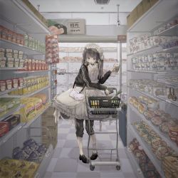 Rule 34 | 1girl, animal bag, apron, bag of chips, black footwear, black pants, black sleeves, brown eyes, brown hair, cup ramen, curry, donbee (food), doritos, dress, food, highres, holding, holding food, indoors, instant soba, instant udon, maid apron, maid headdress, meat, nissin cup noodle, nissin raoh, pants, pringles, pringles can, scenery, shinanashina, shop, shopping, shopping cart, single sock, socks, spring onion, striped sleeves, twintails, white dress