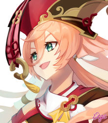 Rule 34 | 1girl, :d, agenoumi, commentary request, dragon horns, genshin impact, green eyes, hair between eyes, hat, highres, horns, long hair, looking away, open mouth, pink hair, scarf, sidelocks, signature, simple background, smile, solo, white background, white scarf, yanfei (genshin impact)