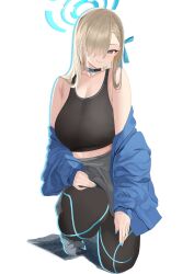 Rule 34 | 1girl, absurdres, alternate costume, aqua ribbon, asuna (blue archive), bare shoulders, black choker, black sports bra, blonde hair, blue archive, blue eyes, blue jacket, blush, breasts, choker, cleavage, closed mouth, collarbone, full body, hair ornament, hair over one eye, hair ribbon, halo, highres, jacket, large breasts, long hair, long sleeves, looking at viewer, off shoulder, one eye covered, ribbon, simple background, smile, sports bra, tnr (horiko1525), white background