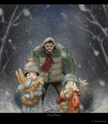 Rule 34 | 3boys, age difference, bag, beanie, beard, black hair, bread, child, earflap hat, east blue, eating, facial hair, family, food, forest, gloves, hat, jacket, male focus, meissdes, mittens, monkey d. garp, monkey d. luffy, multiple boys, nature, one piece, outdoors, portgas d. ace, scar, scarf, siblings, snow, tree, winter