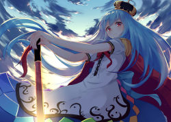 Rule 34 | 1girl, blue hair, blue skirt, blue sky, blush, cape, cloud, cloudy sky, crown, epaulettes, glowing, hinanawi tenshi, igayan, long hair, looking at viewer, puffy short sleeves, puffy sleeves, red eyes, short sleeves, skirt, sky, solo, sword of hisou, touhou, twilight