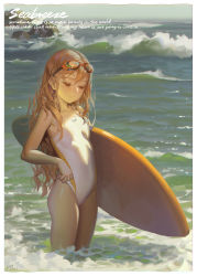 Rule 34 | 1girl, absurdres, alphonse (white datura), bare arms, bare shoulders, border, breasts, brown eyes, brown hair, closed mouth, commentary, competition swimsuit, day, english text, female focus, goggles, goggles on head, highres, long hair, looking down, ocean, one-piece swimsuit, original, outdoors, photoshop (medium), revision, small breasts, smile, solo, standing, sunlight, surfboard, swimsuit, thighs, very long hair, wading, water, waves, white border, white one-piece swimsuit
