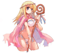 Rule 34 | blonde hair, blue eyes, breasts, cape, cleavage, large breasts, long hair, momiji mao, original, solo, staff