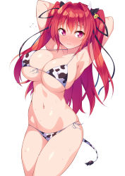 Rule 34 | 1girl, absurdres, animal print, armpits, arms behind head, arms up, bikini, blush, bow, breasts, cleavage, closed mouth, collarbone, commentary request, covered erect nipples, cow horns, cow print, cow tail, front-tie bikini top, front-tie top, groin, hair bow, hair intakes, halterneck, highres, horns, kazuma (kazumav), large breasts, long hair, looking at viewer, naruse mio, navel, nose blush, pink eyes, red hair, shinmai maou no testament, side-tie bikini bottom, simple background, skindentation, solo, stomach, strap gap, string bikini, sweat, swimsuit, tail, thighs, two side up, underboob, white background, white bikini