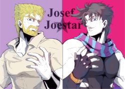 Rule 34 | 2boys, aged down, aged up, beard, black hair, blonde hair, blue eyes, dual persona, facial hair, fingerless gloves, gloves, jojo no kimyou na bouken, joseph joestar, joseph joestar (old), joseph joestar (young), male focus, miyasemao, multiple boys, old, one eye closed, scarf, striped clothes, striped scarf, wink