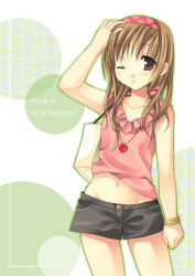 Rule 34 | 1girl, arm at side, arm up, armpits, bag, bare shoulders, brown eyes, brown hair, buttons, collarbone, contrapposto, handbag, looking at viewer, midriff, original, short shorts, shorts, solo, standing, sweatband