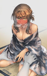 Rule 34 | 1girl, artist logo, artist name, blush, breasts, brown hair, cleavage, collarbone, ergot, fubuki (kancolle), green eyes, grey kimono, highres, japanese clothes, jewelry, kantai collection, kimono, long sleeves, medium breasts, open mouth, ring, short hair, short ponytail, solo, tatami, wedding band, wide sleeves