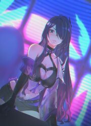 Rule 34 | 1girl, acheron (honkai: star rail), aoiabyss, black choker, black gloves, black shorts, breasts, choker, chromatic aberration, cleavage, commentary request, gloves, hair over one eye, halterneck, highres, honkai: star rail, honkai (series), large breasts, looking at viewer, midriff, navel, purple eyes, purple hair, short shorts, shorts, single bare shoulder, solo, stomach