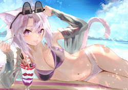Rule 34 | 1girl, absurdres, adjusting eyewear, alternate costume, animal ear fluff, animal ears, beach, beach towel, bikini, blue sky, blush, breasts, cat ears, cat girl, cat tail, cleavage, closed mouth, cloud, cloudy sky, commentary request, cowboy shot, day, eyewear on head, food, grey jacket, hair between eyes, hand on eyewear, highres, holding, holding spoon, hololive, huge filesize, ice cream, jacket, kaoswald, lens flare, light purple hair, light rays, looking at viewer, lying, medium breasts, navel, nekomata okayu, off shoulder, on side, open clothes, open jacket, outdoors, parted bangs, purple bikini, purple eyes, see-through, short hair, sky, smile, solo, spoon, stomach, sundae, sunglasses, sunlight, swimsuit, tail, tinted eyewear, tongue, tongue out, towel, virtual youtuber