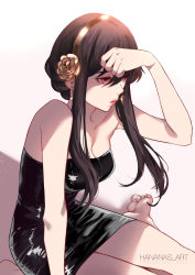 Rule 34 | 1girl, bare shoulders, barefoot, black dress, black hair, breasts, cleavage, commentary, dress, hairband, hand up, highres, makeup, medium breasts, red eyes, short dress, short hair, short hair with long locks, sitting, solo, spy x family, strapless, strapless dress, tokei yuuki, wariza, yellow hairband, yor briar