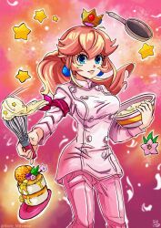 Rule 34 | alternate costume, arm ribbon, aura, blonde hair, bowl, breasts, buttons, cake, chef, commentary, cooking, cosplay, crossover, crown, earrings, english commentary, flower, food, frying pan, glowing, glowing food, green eyes, highres, holding, holding bowl, jewelry, long hair, looking at viewer, mario (series), mixer (cooking), nakiri erina, nakiri erina (cosplay), nintendo, pants, plate, possessed, possession, princess peach, red ribbon, ribbon, shokugeki no souma, spirit, spirit (super smash bros.), star (symbol), stoic seraphim, super mario bros. 1, super smash bros., white pants