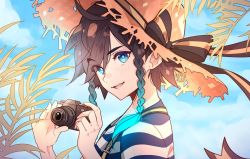 Rule 34 | 1boy, androgynous, black hair, blue hair, blush, braid, camera, cloud, cloudy sky, commentary, day, english commentary, eyes visible through hair, from side, genshin impact, gradient hair, green eyes, hat, hat ribbon, holding, holding camera, looking at viewer, male focus, multicolored hair, nekojinnyart, one-piece swimsuit, open mouth, outdoors, ribbon, short hair with long locks, sidelocks, sky, smile, solo, straw hat, striped clothes, striped one-piece swimsuit, swimsuit, symbol-only commentary, twin braids, venti (genshin impact)