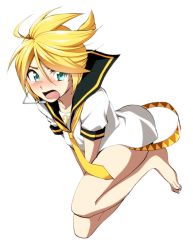 Rule 34 | 1boy, androgynous, bad id, bad pixiv id, barefoot, blonde hair, blush, bottomless, face, full body, green eyes, hirococo, kagamine len, male focus, microphone, solo, vocaloid