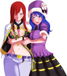 Rule 34 | 2girls, absurdres, artist request, bikini, bikini top only, blue hair, blush, breasts, erza scarlet, fairy tail, highres, juvia lockser, long hair, multiple girls, open mouth, red hair, smile, swimsuit