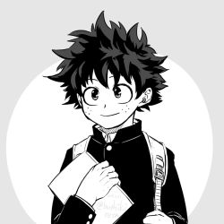Rule 34 | 1boy, boku no hero academia, buthikireta, closed mouth, commentary request, freckles, grey background, greyscale, holding, long sleeves, male focus, midoriya izuku, monochrome, multicolored hair, short hair, simple background, smile, solo, spiked hair, twitter username, two-tone background, two-tone hair, upper body, white background
