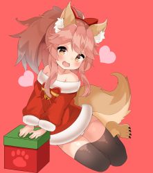 Rule 34 | 1girl, absurdres, animal ears, bare shoulders, black thighhighs, box, christmas, dog ears, dress, fang, fate/grand order, fate (series), fox ears, highres, ichi (nuksun12), long hair, no pants, open mouth, panties, panty peek, pantyshot, paw shoes, pink hair, ponytail, ribbon, santa costume, shoes, sitting, smile, solo, strapless, strapless dress, striped clothes, striped panties, tail, tamamo (fate), tamamo cat (fate), tamamo no mae (fate/extra), thighhighs, underwear
