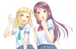 Rule 34 | 10s, 2girls, :d, bad id, bad pixiv id, blonde hair, bow, bowtie, braid, brown hair, clenched hands, crown braid, hair ornament, hair rings, hairclip, hand on own face, long hair, looking at viewer, love live!, love live! sunshine!!, multiple girls, neckerchief, noppi (noppi 98), ohara mari, ok sign, open mouth, petals, red bow, red bowtie, sakurauchi riko, school uniform, serafuku, short sleeves, skirt, smile, tie clip, white background, yellow eyes