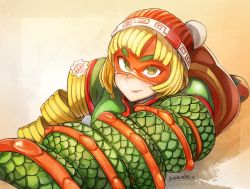 Rule 34 | 1girl, @ @, arms (game), artist name, ass, beanie, blonde hair, blunt bangs, blush, bob cut, breasts, chinese clothes, closed mouth, domino mask, dragon, dragon (arms), eastern dragon, food, green eyes, green shirt, hat, itadaku, knit hat, lips, looking away, looking up, lying, mask, medium breasts, min min (arms), noodles, nose, on stomach, orange hat, ringed eyes, shirt, short hair, short sleeves, smile, solo, thick eyebrows, turtleneck