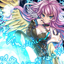 Rule 34 | 1girl, angel, angel wings, archangel metatron (p&amp;d), bare shoulders, black dress, blue eyes, breasts, bridal gauntlets, choker, cleavage, closed mouth, collarbone, dress, eyebrows, feathered wings, hair between eyes, holding, long hair, magic, medium breasts, pink hair, puzzle &amp; dragons, quill, socha, solo, tsurime, twitter username, wings