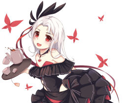 Rule 34 | 1girl, :3, aoman de cangshu, bare shoulders, black dress, blush, breasts, bug, butterfly, cleavage, collarbone, cup, dress, fang, hair ornament, hair ribbon, hand up, heart, highres, holding, holding plate, insect, long hair, looking at viewer, off shoulder, open mouth, plate, red butterfly, red eyes, red ribbon, ribbon, simple background, skin fang, small breasts, solo, tea, warship girls r, white background, white hair