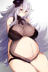 Rule 34 | 1girl, arms behind back, azur lane, big belly, big hair, blush, breasts, cowboy shot, curvy, flower, graf zeppelin (azur lane), graf zeppelin (beachside urd) (azur lane), hair flower, hair ornament, head tilt, highres, huge breasts, kuronyan, large breasts, long hair, looking at viewer, midriff, one-piece swimsuit, outie navel, parted lips, pregnant, red eyes, shiny clothes, shiny skin, sidelocks, sitting, solo, swimsuit, thick thighs, thighs, very long hair, white hair, wide hips