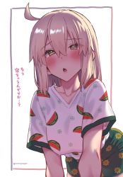Rule 34 | 1girl, ahoge, blonde hair, blush, breasts, contemporary, fate/grand order, fate (series), floral print, food print, green skirt, half updo, highres, koha-ace, large breasts, looking at viewer, mitsurugi sugar, okita souji (fate), open mouth, shirt, short hair, short sleeves, skirt, solo, translation request, watermelon print, white shirt, yellow eyes