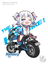 Rule 34 | 1girl, a (phrase), absurdres, blue eyes, blush, character name, chibi, commentary, copyright name, english text, engrish text, fins, fish tail, gawr gura, highres, hololive, hololive english, honda monkey, looking at viewer, medium hair, motor vehicle, motorcycle, multicolored hair, one eye closed, open mouth, ranguage, sandals, school uniform, shark girl, shark tail, sharp teeth, short twintails, streaked hair, tail, teeth, twintails, virtual youtuber, white background, white hair, yoyoko707