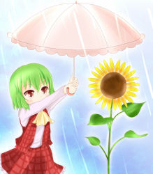 Rule 34 | 1girl, arms up, ascot, blue background, blush stickers, chibi, covering privates, dress shirt, female focus, flower, green hair, kazami yuuka, leaf, long sleeves, looking away, outstretched arms, parasol, plaid, plaid skirt, plaid vest, rain, red eyes, shirt, short hair, simple background, skirt, solo, standing, sunflower, touhou, umbrella, umi suzume, vest