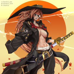 Rule 34 | 1girl, abs, absurdres, amputee, baiken, bandages, belt, black belt, black headwear, black jacket, breasts, cosplay, eyepatch, facial tattoo, flarefox, guilty gear, highres, holding, holding sword, holding weapon, jacket, johnny (guilty gear), johnny (guilty gear) (cosplay), large breasts, layered sleeves, long hair, navel, one-eyed, pink hair, ponytail, red eyes, samurai, scar, sheath, sunglasses, sword, tattoo, trait connection, very long hair, weapon