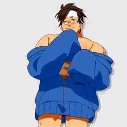 Rule 34 | 1boy, abs, alternate costume, bara, bare shoulders, blue jacket, brown hair, feet out of frame, freckles, from below, glasses, guilty gear, headband, hood, hooded jacket, jacket, lokh, looking at viewer, male focus, meme, midriff peek, mito anji, muscular, muscular male, naked jacket, navel, off-shoulder jacket, off shoulder, oversized clothes, pectorals, short hair, sleeves past fingers, sleeves past wrists, smile, smirk, solo, sparkle, thick eyebrows, thighs, white headband, yassification (meme)