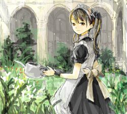 Rule 34 | 1girl, apron, arch, bad drawr id, bad id, black dress, bow, brown eyes, brown hair, character request, copyright request, day, dress, dress bow, flower, garden, grass, holding, holding watering can, long hair, looking at viewer, looking back, maid, maid apron, maid headdress, oekaki, outdoors, puffy short sleeves, puffy sleeves, short sleeves, sketch, smile, solo, suya000, tree, twintails, watering can, white apron, white flower, window, wrist cuffs, yellow bow