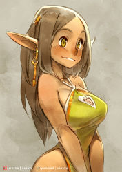 Rule 34 | 1girl, bare shoulders, blush, breasts, brown hair, china dress, chinese clothes, cleavage, commentary, dress, earrings, elf, english commentary, fantasy, gumroad logo, hair ribbon, highres, jewelry, long hair, medium breasts, original, patreon logo, pointy ears, ribbon, simple background, single earring, sketch, smile, solo, teeth, xaxaxa, yellow eyes