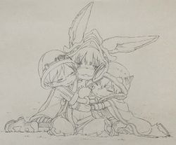 Rule 34 | 1boy, 2girls, animal ears, blush stickers, rabbit ears, cape, closed eyes, facial mark, fur trim, furry, hat, hein (animehyein), highres, horns, made in abyss, multiple girls, nanachi (made in abyss), paper texture, regu (made in abyss), riko (made in abyss), short hair, sitting, sweatdrop, traditional media, wariza