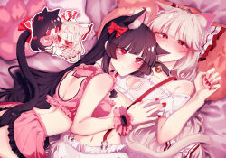 Rule 34 | 2girls, absurdres, animal ear fluff, animal ears, ass, bed, bed sheet, bell, biting, black hair, blunt bangs, blush, breasts, cat cutout, cat ears, chibi, chibi inset, cleavage cutout, closed mouth, clothing cutout, ear biting, fang, flustered, frilled pillow, frills, fujiwara no mokou, highres, houraisan kaguya, kemonomimi mode, long hair, looking at another, lying, medium breasts, multiple girls, nail polish, neck bell, on back, on bed, pillow, red eyes, red nails, skin fang, slit pupils, smile, somei ooo, touhou, yuri