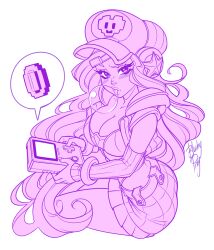 Rule 34 | 1girl, arcade miss fortune, bare shoulders, blush, blushyspicy, bracelet, breasts, blowing bubbles, chewing gum, coin, cropped legs, detached sleeves, game boy, hair ornament, hairclip, handheld game console, hat, heart, heart print, highres, holding, holding handheld game console, jewelry, large breasts, league of legends, long hair, miss fortune (league of legends), simple background, sitting, skirt, speech bubble, white background