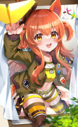 Rule 34 | 1girl, absurdres, bed, blush, bomber jacket, breasts, collarbone, dog tags, hair ornament, highres, jacket, long hair, mayano top gun (umamusume), midriff, nobell (bell no5), open mouth, orange eyes, orange hair, paper airplane, shorts, small breasts, solo, thighhighs, umamusume, very long hair, window