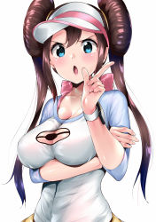 Rule 34 | 1girl, amasora taichi, arm under breasts, blue eyes, blush, breasts, brown hair, cleavage, cleavage cutout, clothing cutout, creatures (company), double bun, game freak, hair bun, highres, large breasts, long hair, looking at viewer, medium breasts, nintendo, open mouth, pantyhose, pointing, pokemon, pokemon bw2, pokemon masters ex, rosa (pokemon), simple background, solo, twintails, very long hair, visor cap, watch, white background, wristwatch